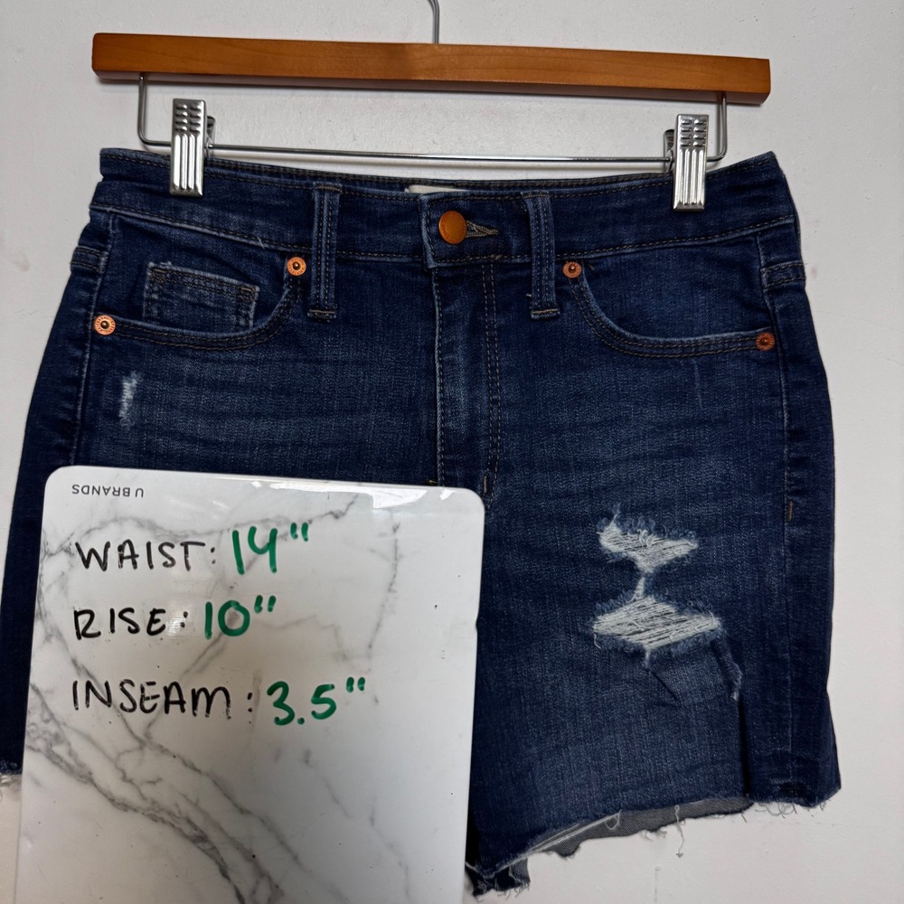 Universal Thread Denim Shorts 4/27 Dark Wash Distressed High Rise Midi Cutoff - Picture 6 of 6